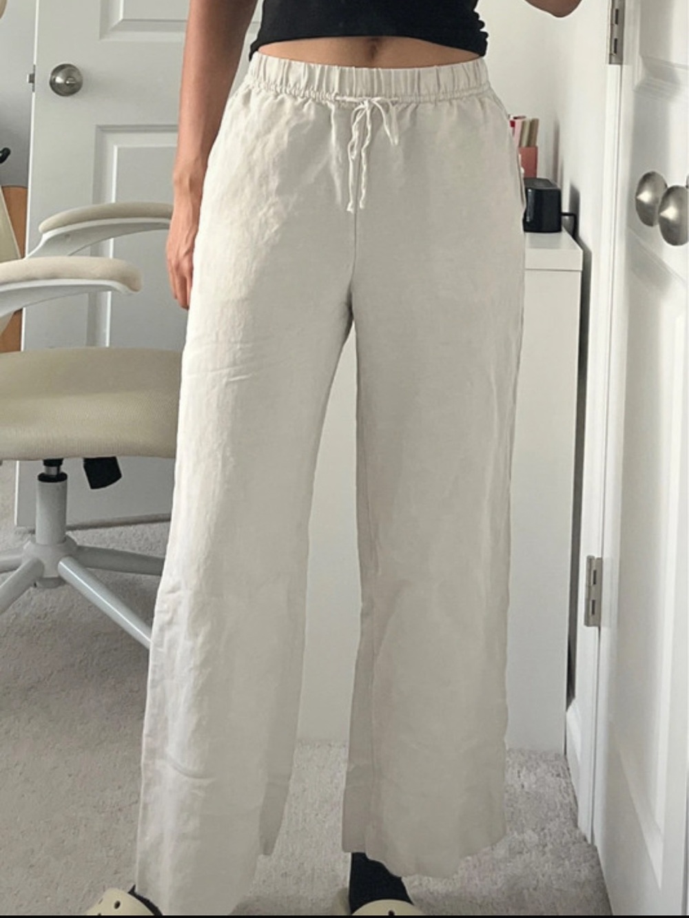 H&M Linen Blend Drawstring Pull on Wide Leg Beige Pants Womens size small